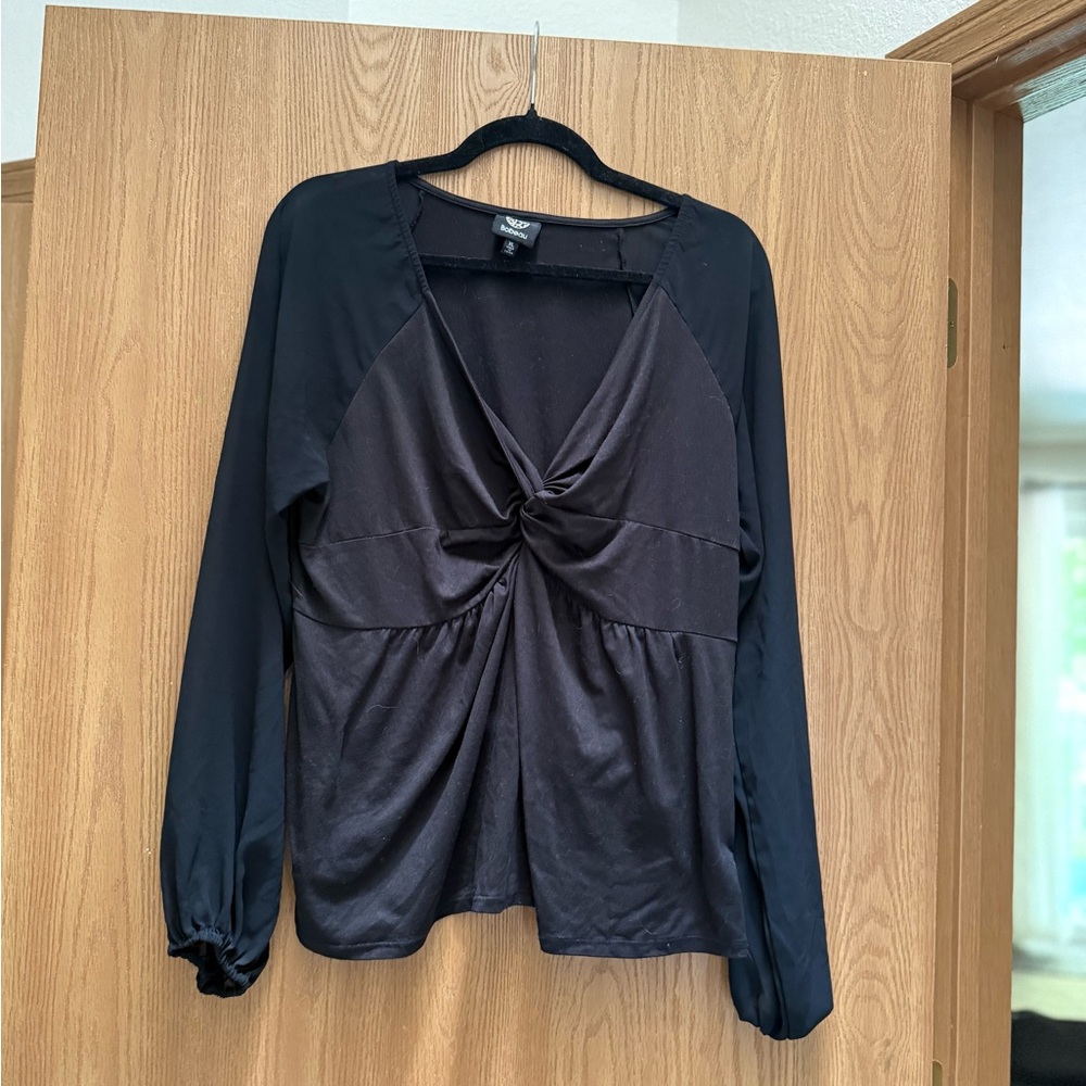 Bobeau Black Long Sleeve Tie Front Blouse